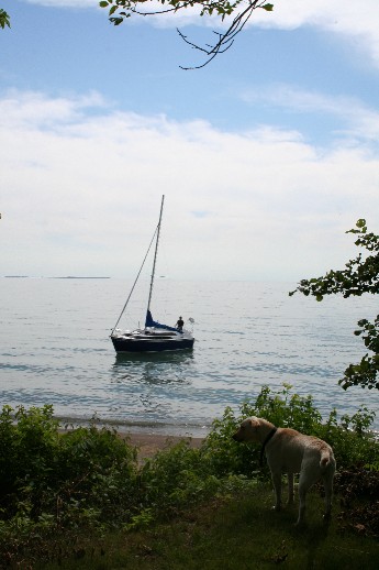 Randy and Judi's Boat with Sadie from Schindler's Fabrics at Pelee Island