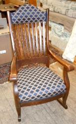 Antique Rocker upholstered in Floral Vine Geometric Fabric Pattern Showcase Color Navy