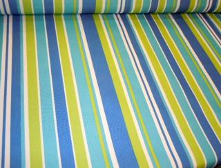 Angled image of Pattern Padre Awning Stripe Lagoon outdoor and marine canvas color blues, yellow and white stripes up the roll