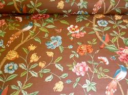 Hand printed Bailey and Griffin Floral and Birds home decor fabric Blair on cutting table