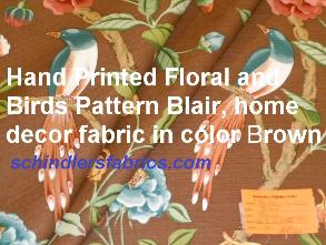 Hand Printed Floral and Birds design, Pattern Blair, home decor fabric in color Brown