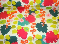 multipurpose home decor fabric in a bright, graphic large scale retro Annie Selke Home Block Print Floral design from PKaufmann in lime, orange, teal, fuschia, and pink funky palms and flower design