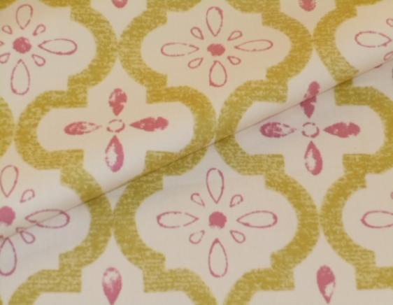 Closeup folded image of floral trellis screen print Braemore Pattern Conservatory Color Dew