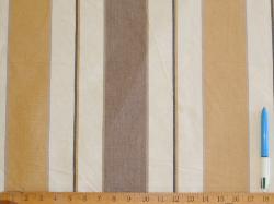 Sample of woven jacquard Laura & Kiran Corsica Stripe in Taupe, Gold and Natural