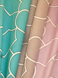 Covington Fabrics Pattern Baldwin Decorator Fabric in Colors Peacock, Graphite or Lilac, vintage geometric fretwork design, draped