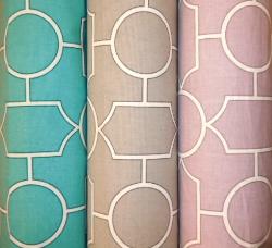 Covington Fabrics Pattern Baldwin Decorator Fabric in Colors Peacock, Graphite or Lilac, vintage geometric fretwork design