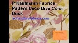 Click for video and image page of floral botanical screen print on P Kaufmann Fabric's medium weight 6.9 ounce cotton, Pattern Deco Diva, Color Dusk