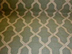 Embroidered Dodecagon Lattice, Natural & White on Aqua, beautiful premium high end interior design fabric - 12 sided lattice embroidery polygon on poly/cotton/linen sheeting