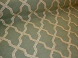 Embroidered Dodecagon Lattice, Natural & White on Aqua, beautiful premium high end interior design fabric - 12 sided lattice embroidery polygon on poly/cotton/linen sheeting