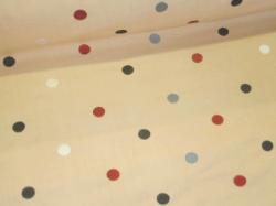 Grey, Red, White and  Black dots on tan plain solid cotton tan dobby ground