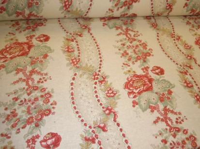 Angled image of Fabricut Pattern Alderwood Color Raspberry  linen blend floral stripe design
