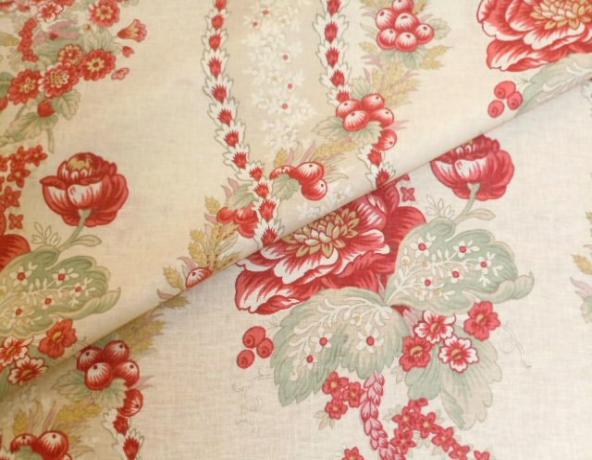 Closeup folded image of Fabricut Alderwood in Raspberry home decorating fabric Fabric No 2329501, multipurpose linen blend floral stripe