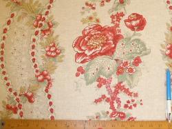 Sample of Discount Fabricut floral stripe linen blend fabric Alderwood Raspberry