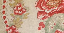 Swatch of Fabricut floral stripe linen blend fabric Alderwood Raspberry