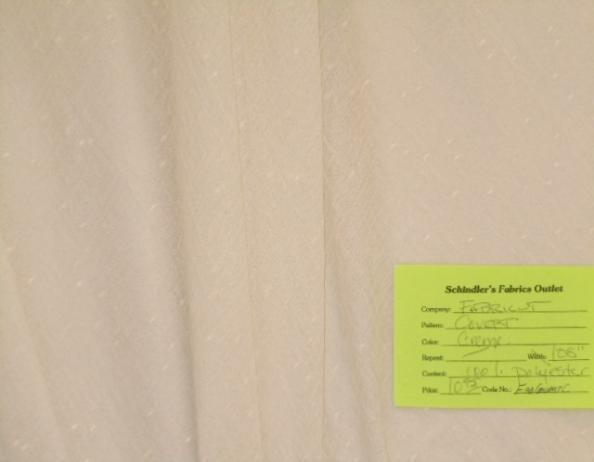 Schindler's Upholstery Shop tag for Fabricut Covert Color Creme Drapery Sheer Fabric No: 2273101, off white Polyester
