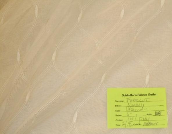 Schindler's Upholstery Shop tag for Fabricut Pattern Nanny Color Cream Drapery/Curtain Sheer Fabric No: 2058501, off white tone on tone, crewel, light embroidery design, doublewide