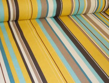a Prestigious Textiles Interior Decorating Stripe Pattern printed in the UK, in colors brown, yellow aqua, blue and tan