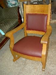Finished Donated Antique Rocker Upholstered in Burgundy Leather