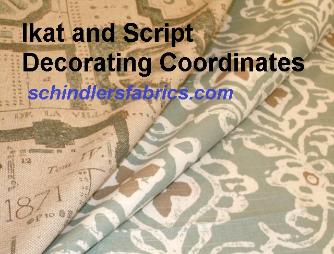 Coordinating Ikat and Script Decorating Fabric Dersigns, patterns Kashmir in Color Seaglass and Jardin in color Horizon