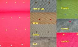 Polka Dot Indoor Outdoor Woven Decorator Fabric, pattern Jolly, perfect for patio furniture and boat cushions, high UV resistant polyester for longer life and better durability, made in the USA, Colors Robin's Egg, Seaside, Spice, Coffee, Peacock, Turf, Confetti