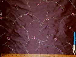 Sample of Silk Dupioni with floral embroidery pattern Kala color Aubergine