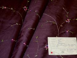Schindler's Fabrics and Upholstery Shop tag for Silk Dupioni with floral embroidery pattern Kala color Aubergine