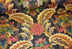 multicolor Victorian damask motif on black cotton print from Portfolio Textiles