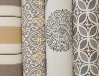 Laura & Kiran Gray Based Coordinates Hand printed geometric designs and stripe jacquard for decorating
