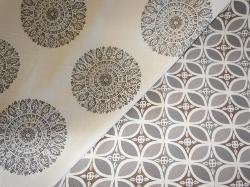 Close up Laura & Kiran Gray Smoke Coordinates Handprint geometric designs for decorating