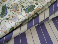 Laura and Kiran Fabric Grape Floral and Stripe Coordinates, for home interior designer decorating, bedding, draperies, valances, cornices, accent pieces and residential furniture upholstery