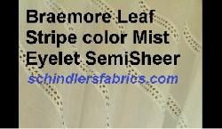 Click for video and image page of Braemore Leaf Stripe color Mist Eyelet SemiSheer Drapery Fabric, very light aqua vertical stripe with white small embroidered leaf eyelet stripe