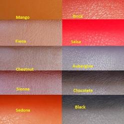 Lexi I Synthetic Leather Fabric with glove soft feel, Synthetic (Faux, Imitation, Artificial, Fake) Leather Vinyl Fabric, for home, commercial and contract, furniture, booths, benches and decorating, in Mango, Fiena, Chestnut, Sienna, Sedona, Brick, Salsa, Aubergine, Chocolate and Black