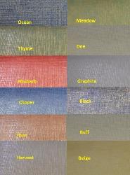 Stain Resistant Linen-like Vinyl Upholstery fabric, Sta-Kleen Pattern Linen I with clean linen texture, Ocean, Thyme, Rhubarb, Clipper, Rust, Harvest, Meadow, Doe, Graphite, Black, Buff, and Beige