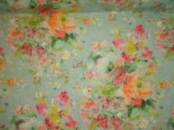 Covington Fabrics linen blend floral screen print, colors include aqua, pink, green, peach, and beige
