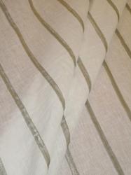 Draped curtain image of Metallic Stripe semisheer drapery fabric color 925 Silver, from P Kaufmann Fabrics Warehouse Clearance