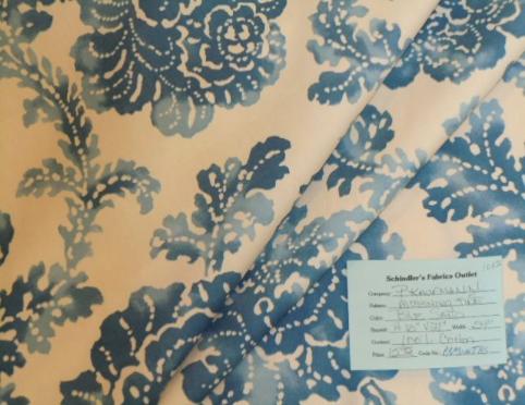 Schindler's Upholstery and Fabric Shop tag for Pattern Morning Tide home decor fabric color Blue Sand Floral Design