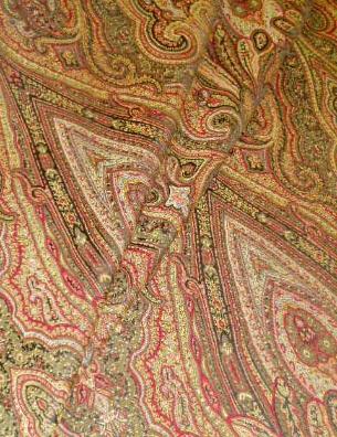 Draped curtain image of paisley damask P Kaufmann Pattern Nepal Color Mallard