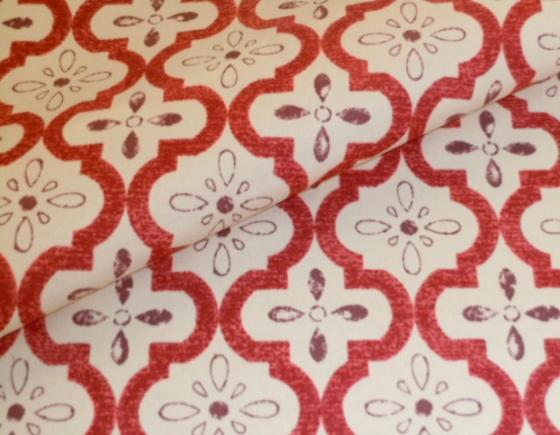 Closeup folded image of floral trellis screen print P Kaufmann Textiles Pattern Outdoor Conservatory Color Berry