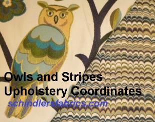 Coordinating Owls & Trees Design and Railroaded Stripe Upholstery Fabrics