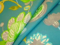 Asian influenced floral cotton print fabric with aqua, green, yellow, gray on teal blue background for upholstery, drapery and bedding