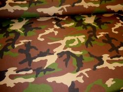 Angled image of outdoor and marine canvas in camouflage, colors black, tan, green and dark brown