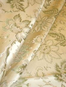 Draped curtain image of Pattern Vogue in color Mint, Upholstery Fabric a Polyester World Wide Fabrics classic woven floral design