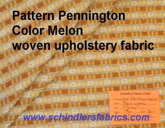 Schindlers Fabrics Shop tag for Pattern Pennington Color Melon woven upholstery fabric with railroaded stripes and chenille accents