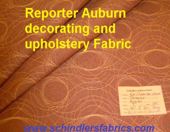 Schindler's fabric Shop tag for Pattern Reporter Color Auburn woven decorating and upholstery fabric