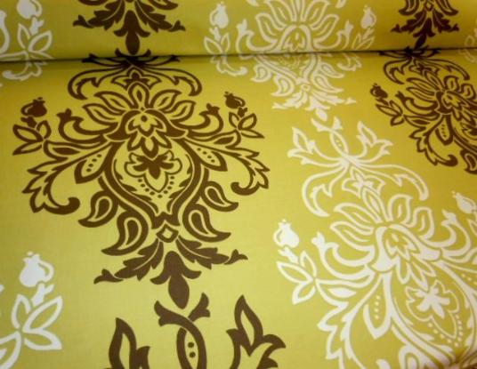 large scale Baroque Damask design decorator fabric, color group yellows, greens, browns, Braemore Pattern Sandro Color Pear