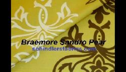 Click for video and image page of Braemore Pattern Sandro Color Pear, large scale Baroque Damask design decorator fabric, color group yellows, greens, browns 
