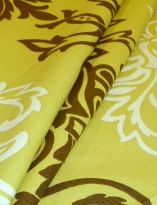 Draped curtain image of Pattern Sandro Color Pear medium weight Cotton, large scale Baroque Damask design decorator fabric