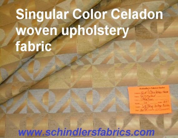 Schiindler's Fabrics Shop tag for striped upholstery fabric pattern Singular Celadon