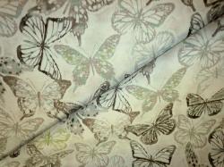 premium upscale high end large scale print of a swarm of butterflies in browns, aqua and green on off white