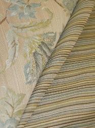 Draped curtain image of Pattern Deville Railroaded Stripe and Pattern Greenbrier woven jacquard floral, for furniture upholstering and other interior decorating
